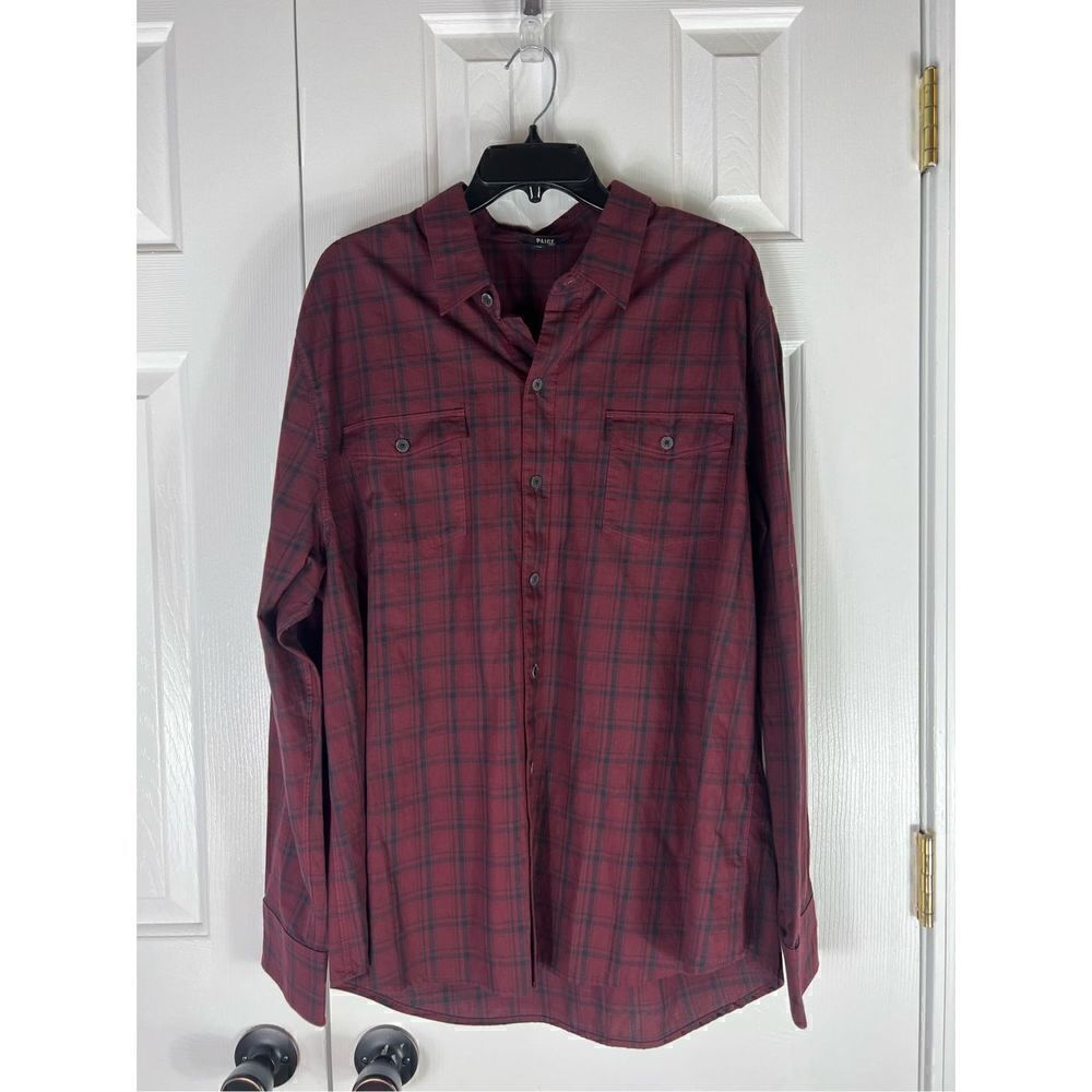 Paige Mens Burgundy Plaid Button Front L/S Casual Shirt Size XL